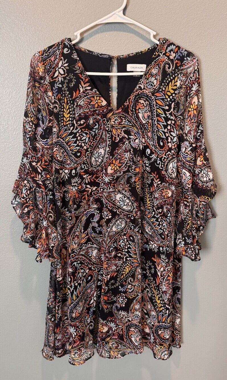 Calvin Klein Women's Boho Paisley Dress Size 4 Multicolor Ruffle Sleeve